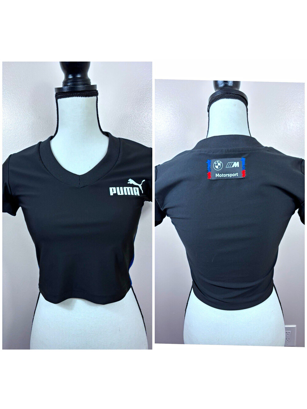 Puma BMW M Motorsport Womens Statement Cropped Top Black Ribbed V-Neck Size S